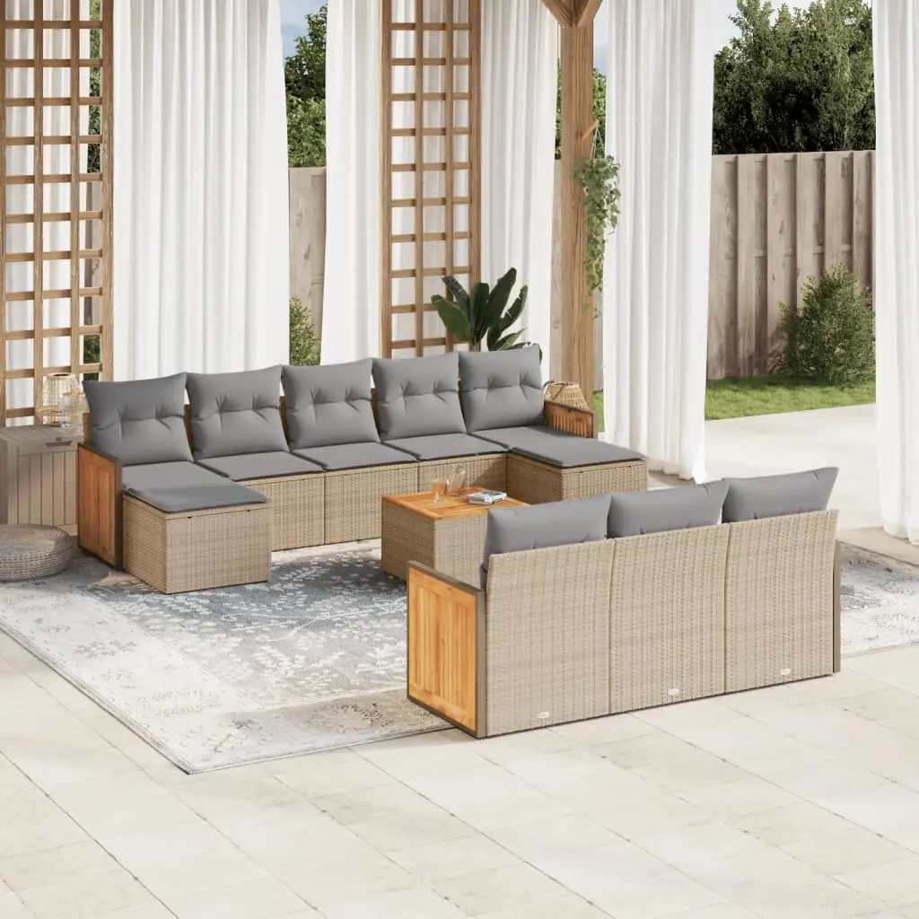 Set Divani da Giardino 11 pz con Cuscini Beige in Polyrattan