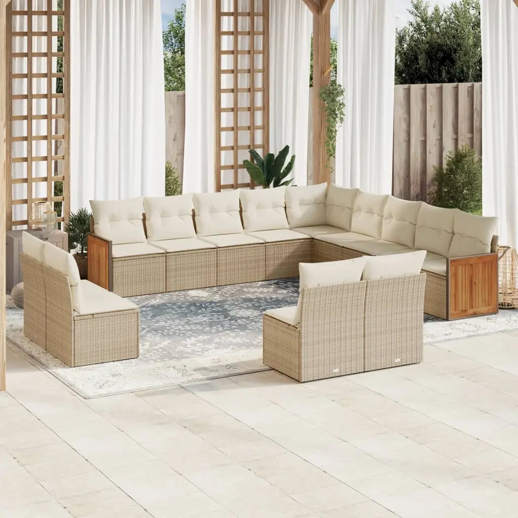 Set Divano da Giardino 13 pz con Cuscini Beige in Polyrattan