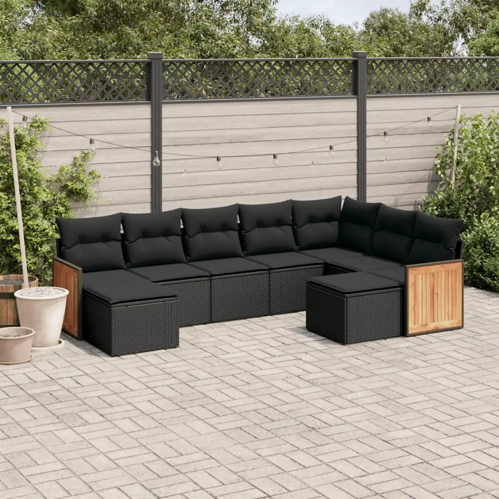 Set Divani da Giardino 9 pz con Cuscini Nero in Polyrattan