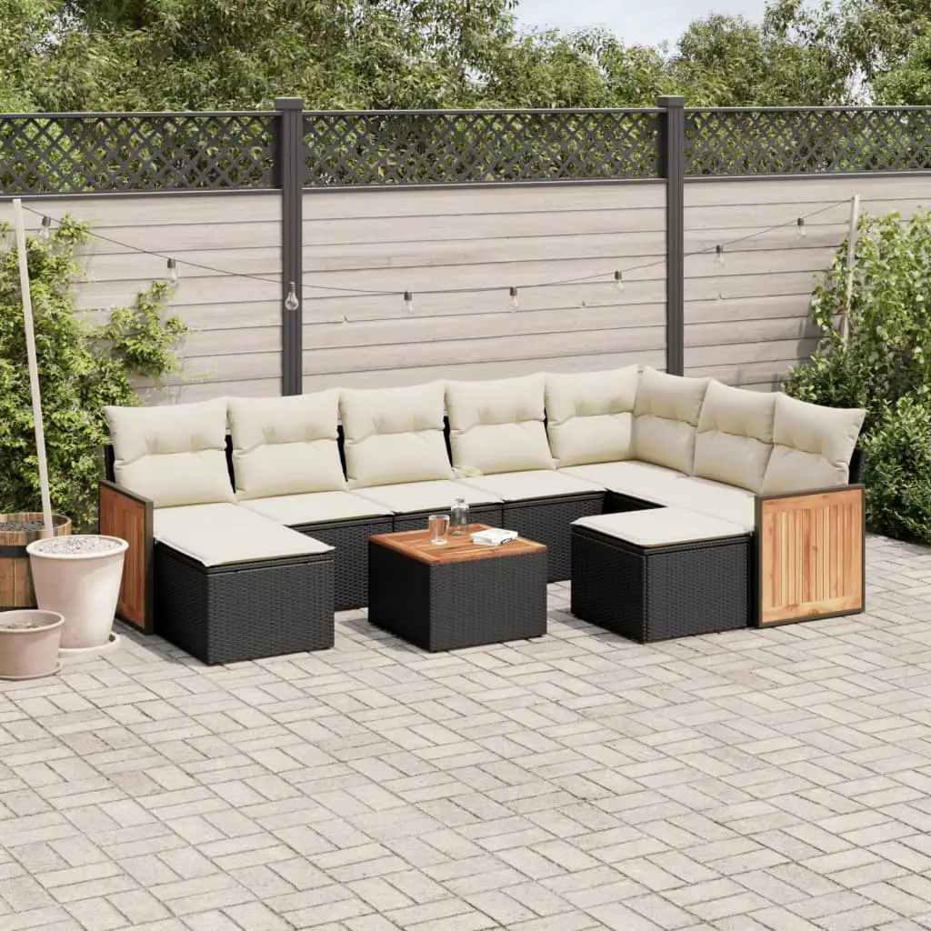 Set Divani da Giardino 10pz con Cuscini in Polyrattan Nero