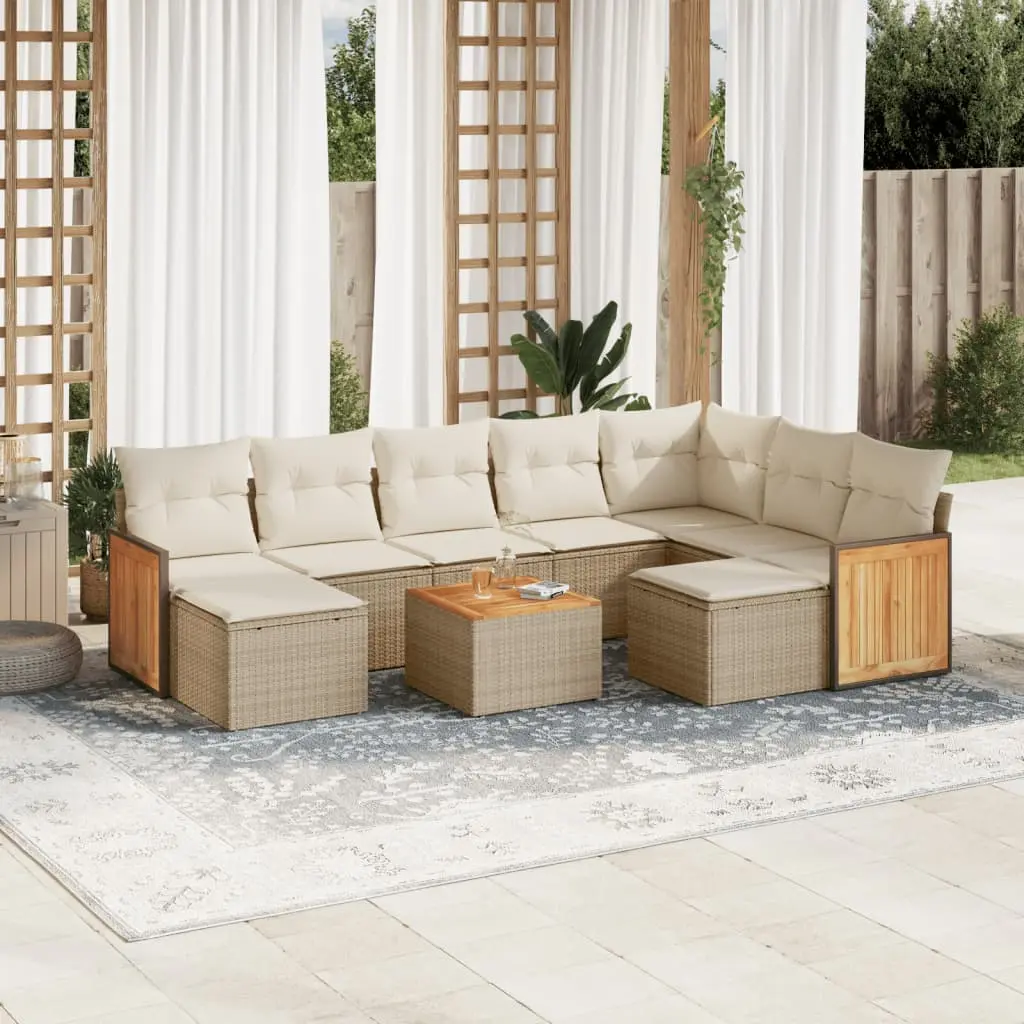 Set Divano da Giardino 10 pz con Cuscini Beige in Polyrattan