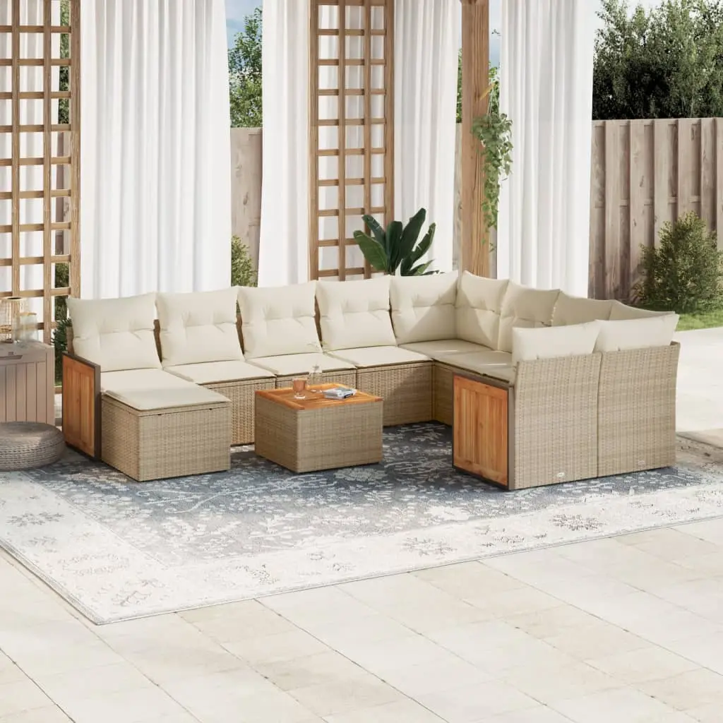 Set Divani da Giardino 11 pz con Cuscini Beige in Polyrattan