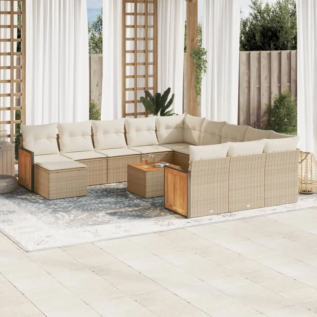 Set Divano da Giardino 13 pz con Cuscini Beige in Polyrattan