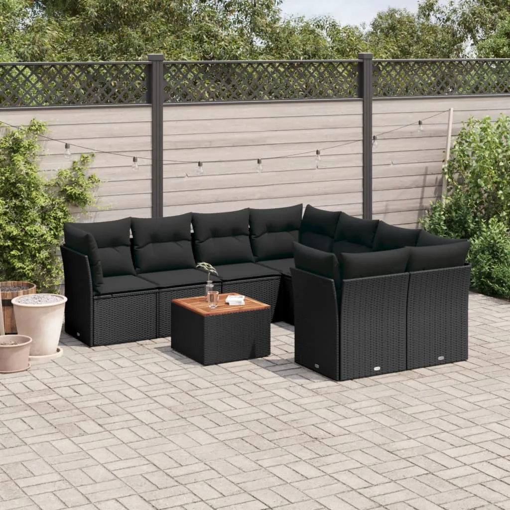 vidaXL Set Divani da Giardino 9 pz con Cuscini Nero in Polyrattan