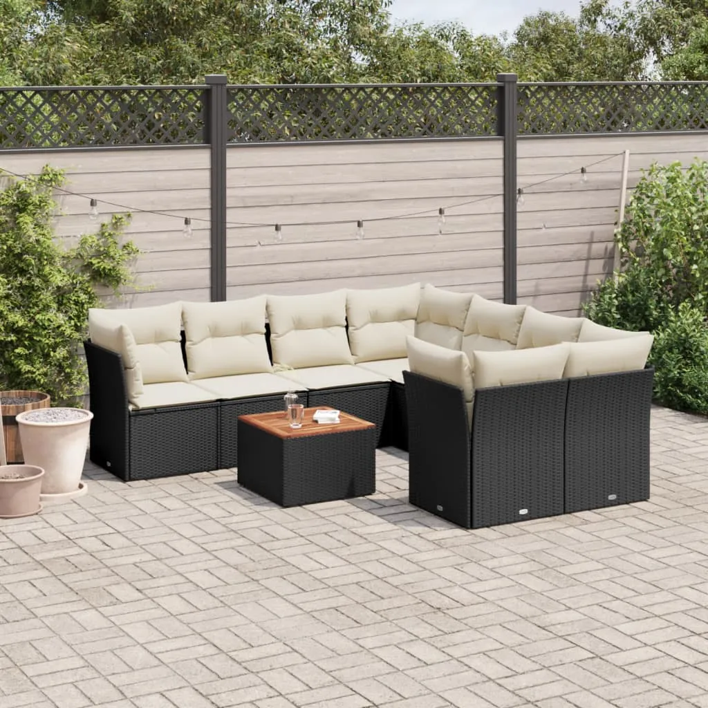 vidaXL Set Divani da Giardino 9 pz con Cuscini Nero in Polyrattan