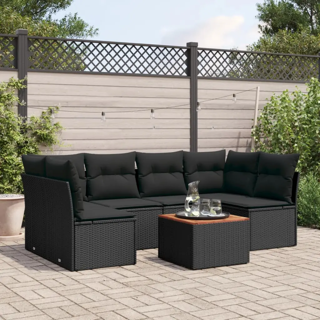 Set Divani da Giardino con Cuscini 7pz Nero Polyrattan