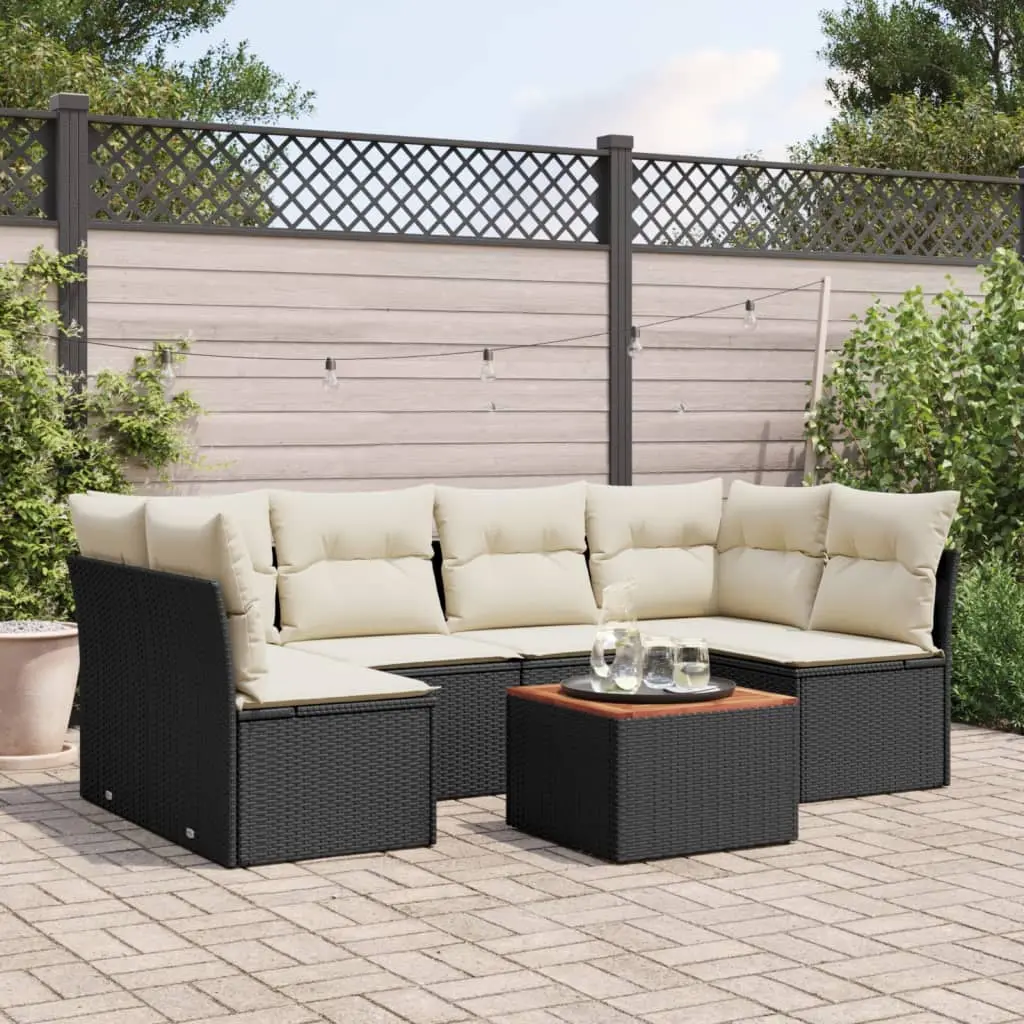 Set Divani da Giardino con Cuscini 7pz Nero Polyrattan