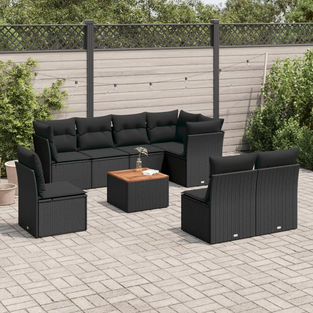 vidaXL Set Divani da Giardino 9 pz con Cuscini Nero in Polyrattan