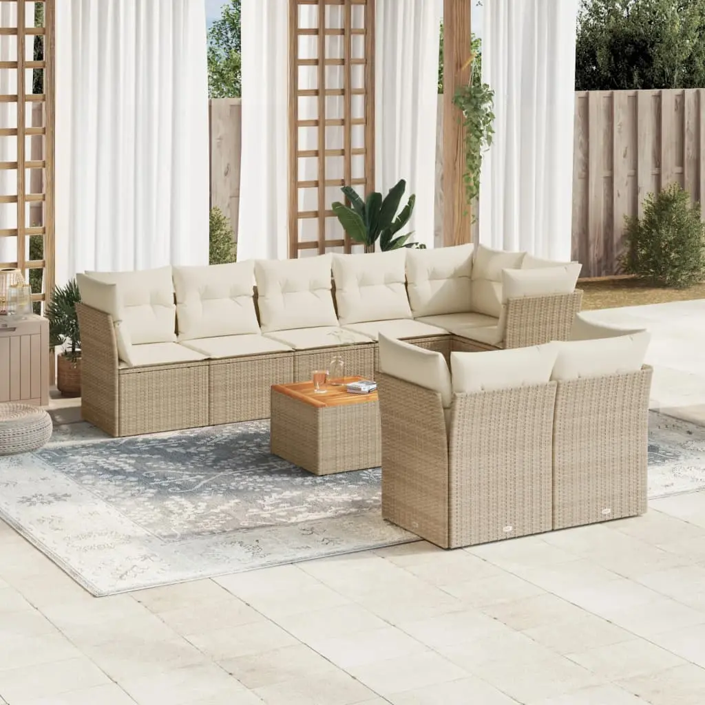 Set Divano da Giardino 9 pz con Cuscini Beige in Polyrattan