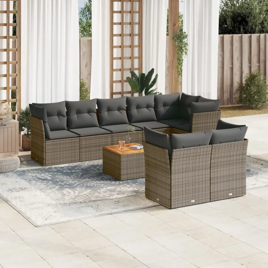 Set Divano da Giardino 9 pz con Cuscini Grigio in Polyrattan