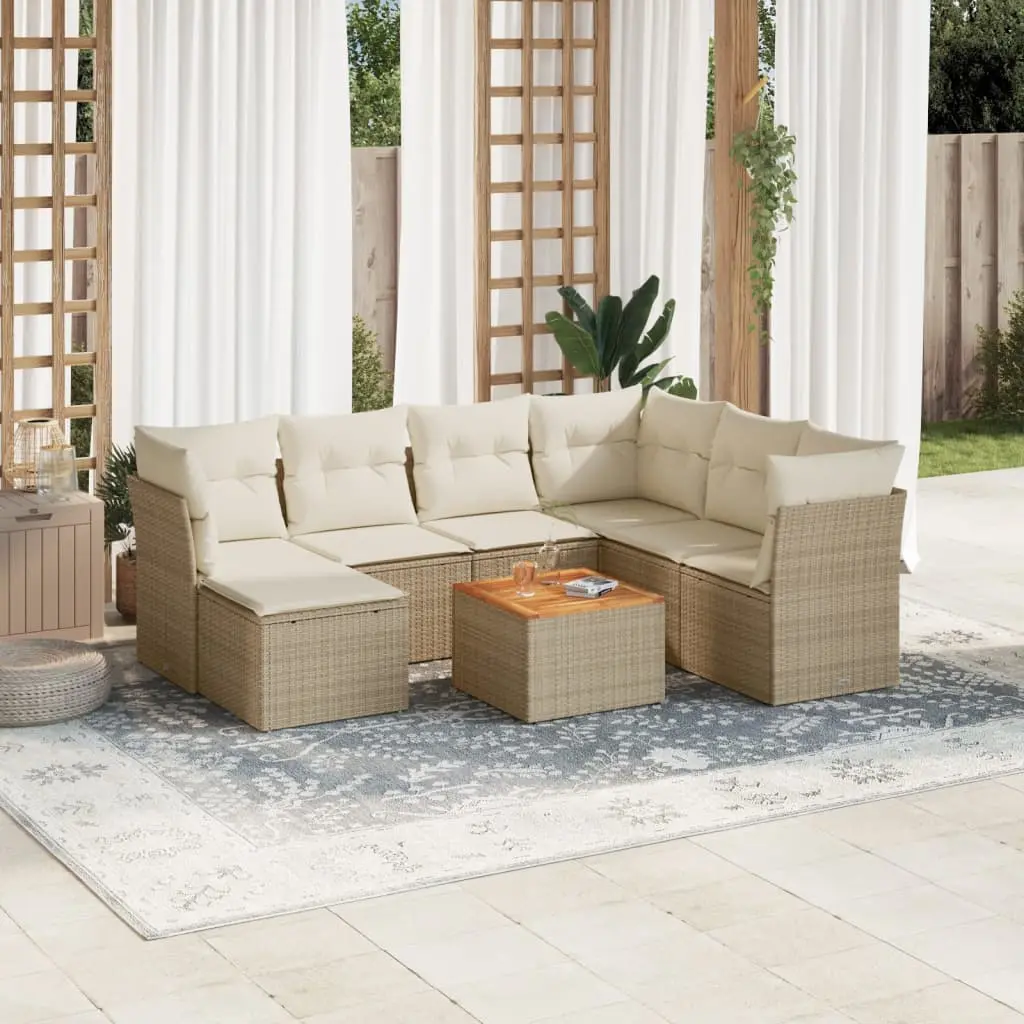 Set Divano da Giardino 8 pz con Cuscini Beige in Polyrattan