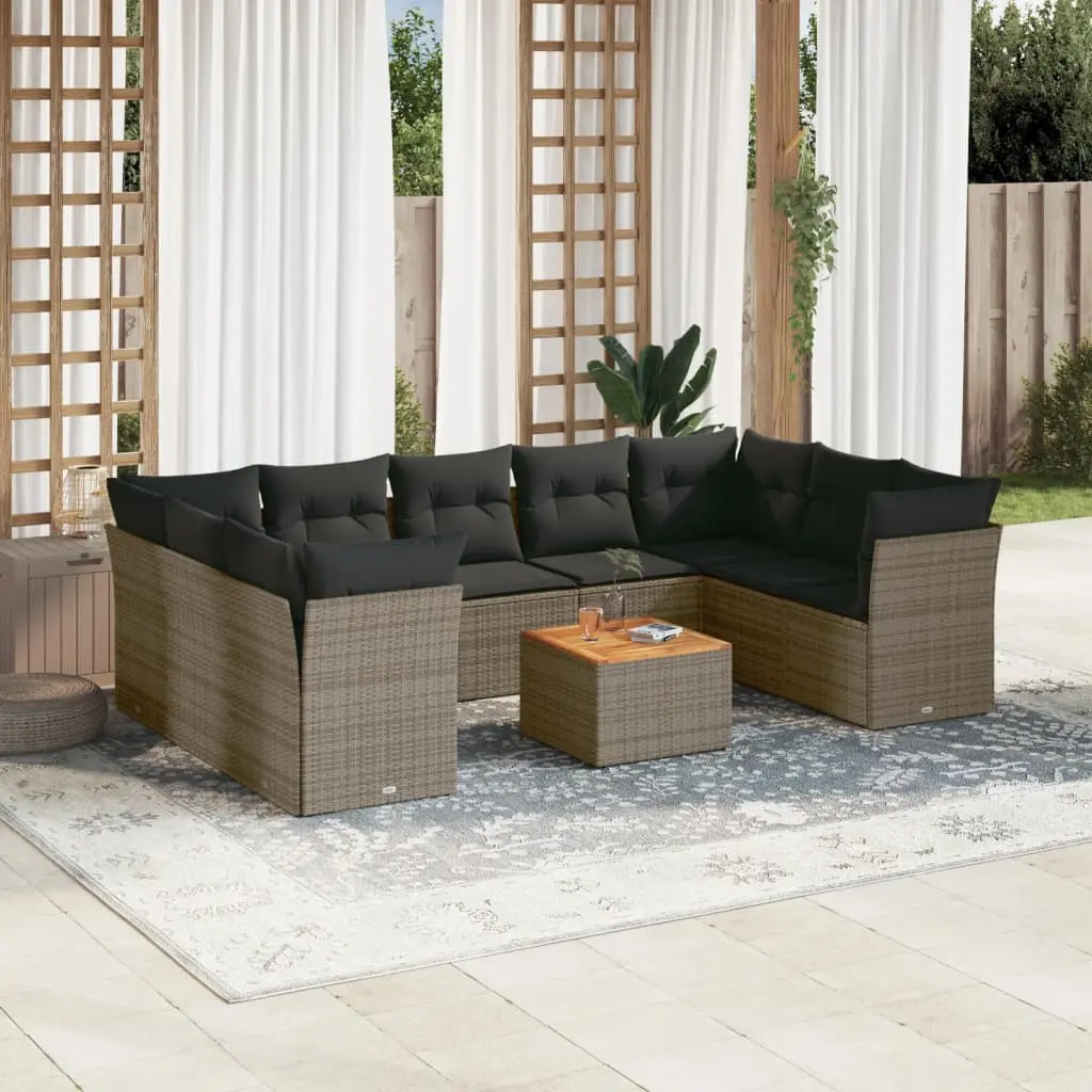 Set Divano da Giardino 10 pz con Cuscini Grigio in Polyrattan