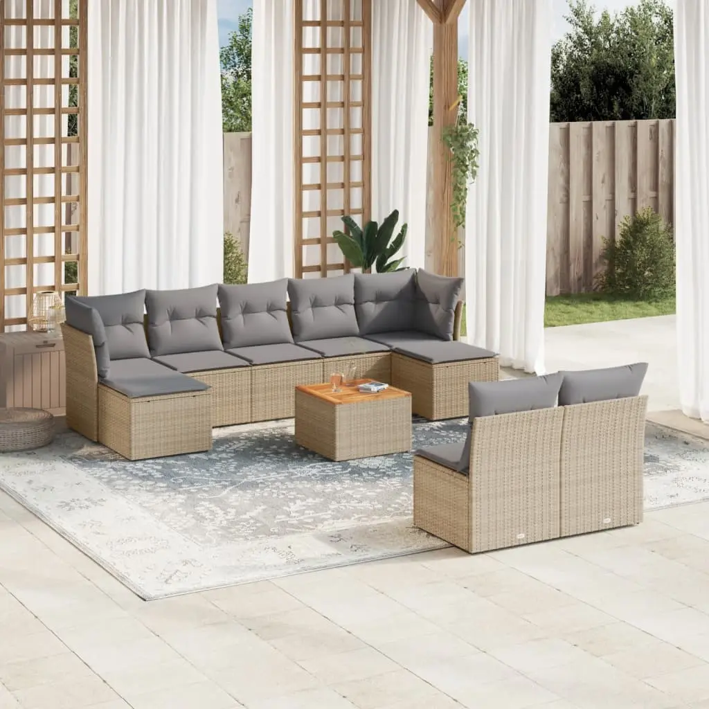 Set Divano da Giardino 10 pz con Cuscini Beige in Polyrattan