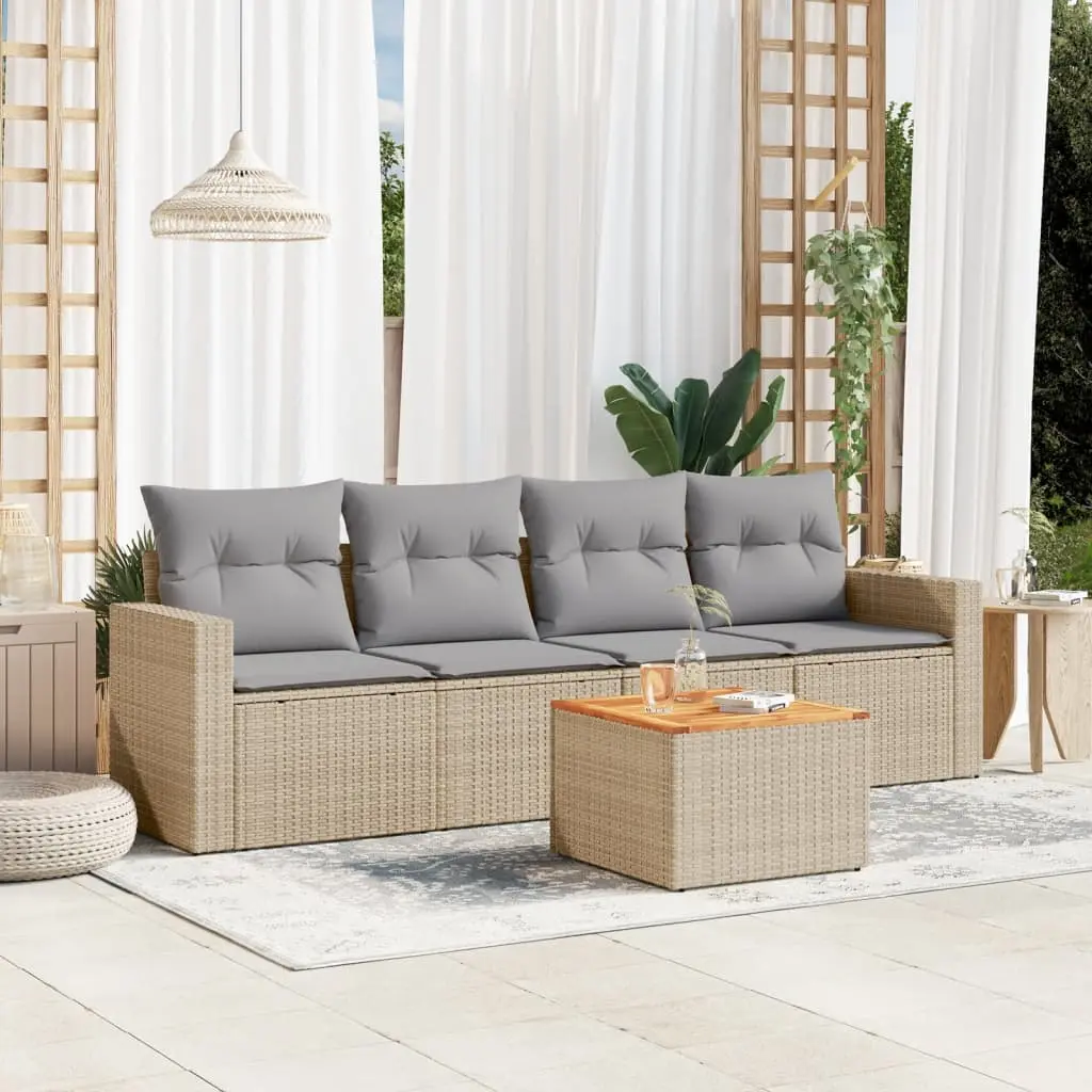 Set Divano da Giardino 5 pz con Cuscini Beige in Polyrattan