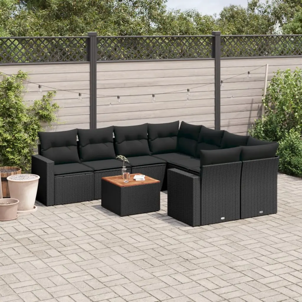 Set Divani da Giardino 9 pz con Cuscini Nero in Polyrattan