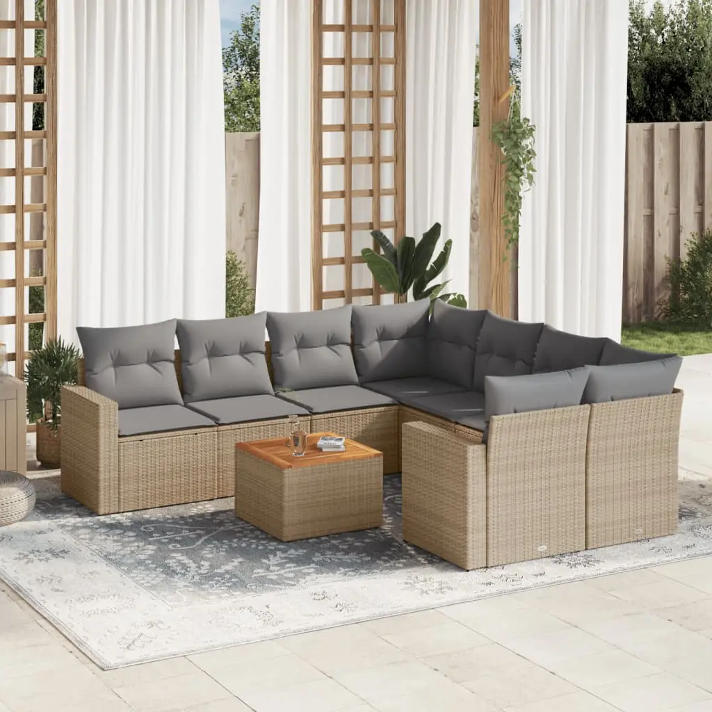 Set Divano da Giardino 9 pz con Cuscini Beige in Polyrattan