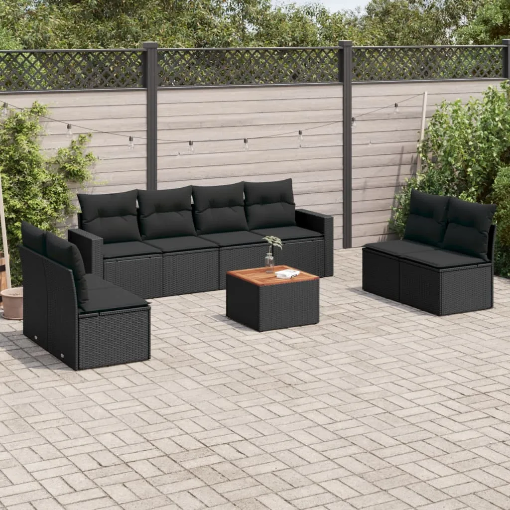 vidaXL Set Divani da Giardino 9 pz con Cuscini Nero in Polyrattan