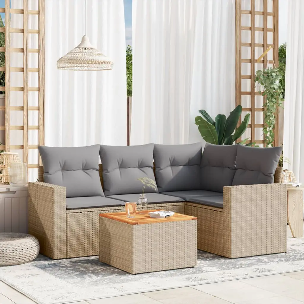 Set Divano da Giardino 5 pz con Cuscini Beige in Polyrattan