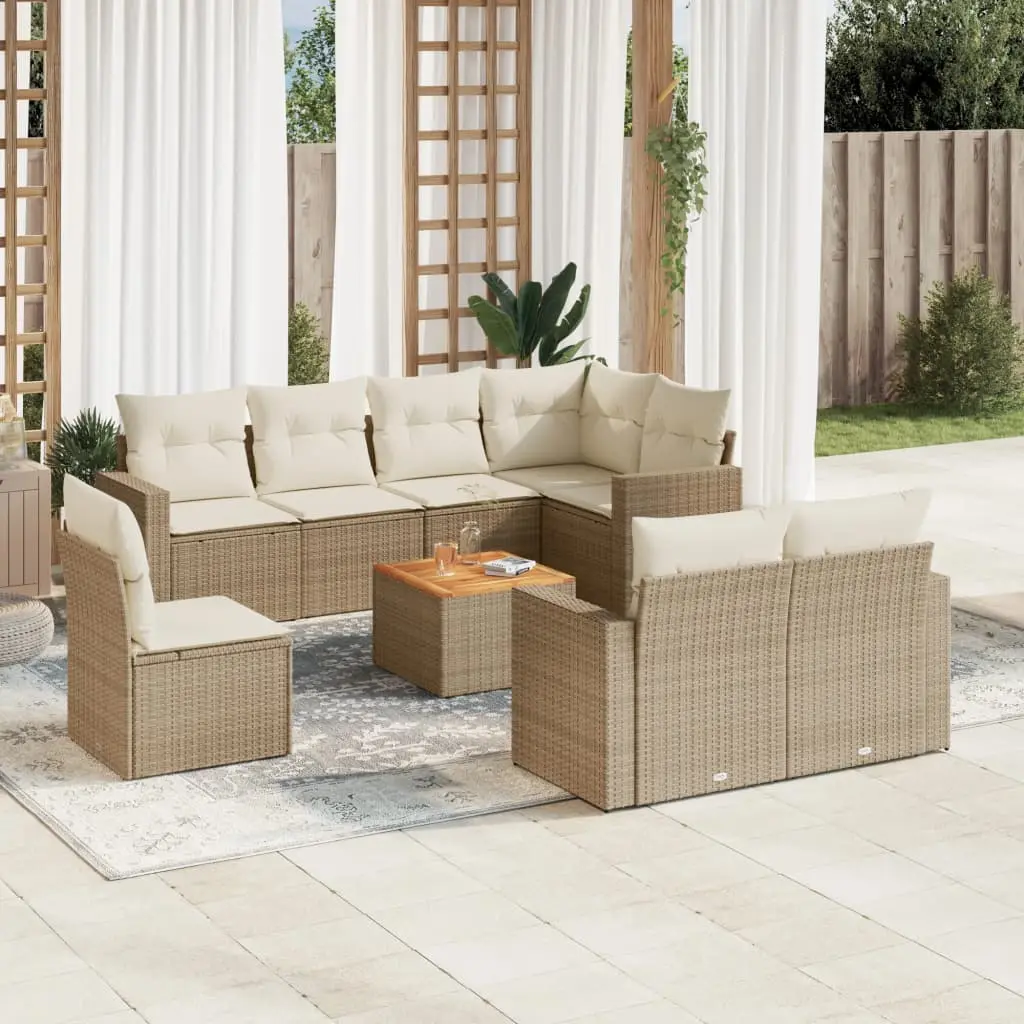 Set Divano da Giardino 9 pz con Cuscini Beige in Polyrattan