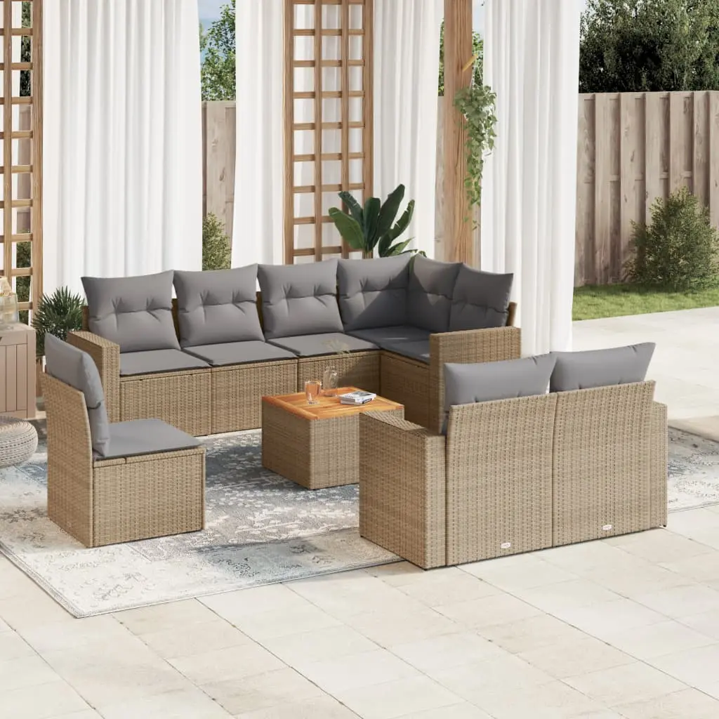 Set Divano da Giardino 9 pz con Cuscini Beige in Polyrattan