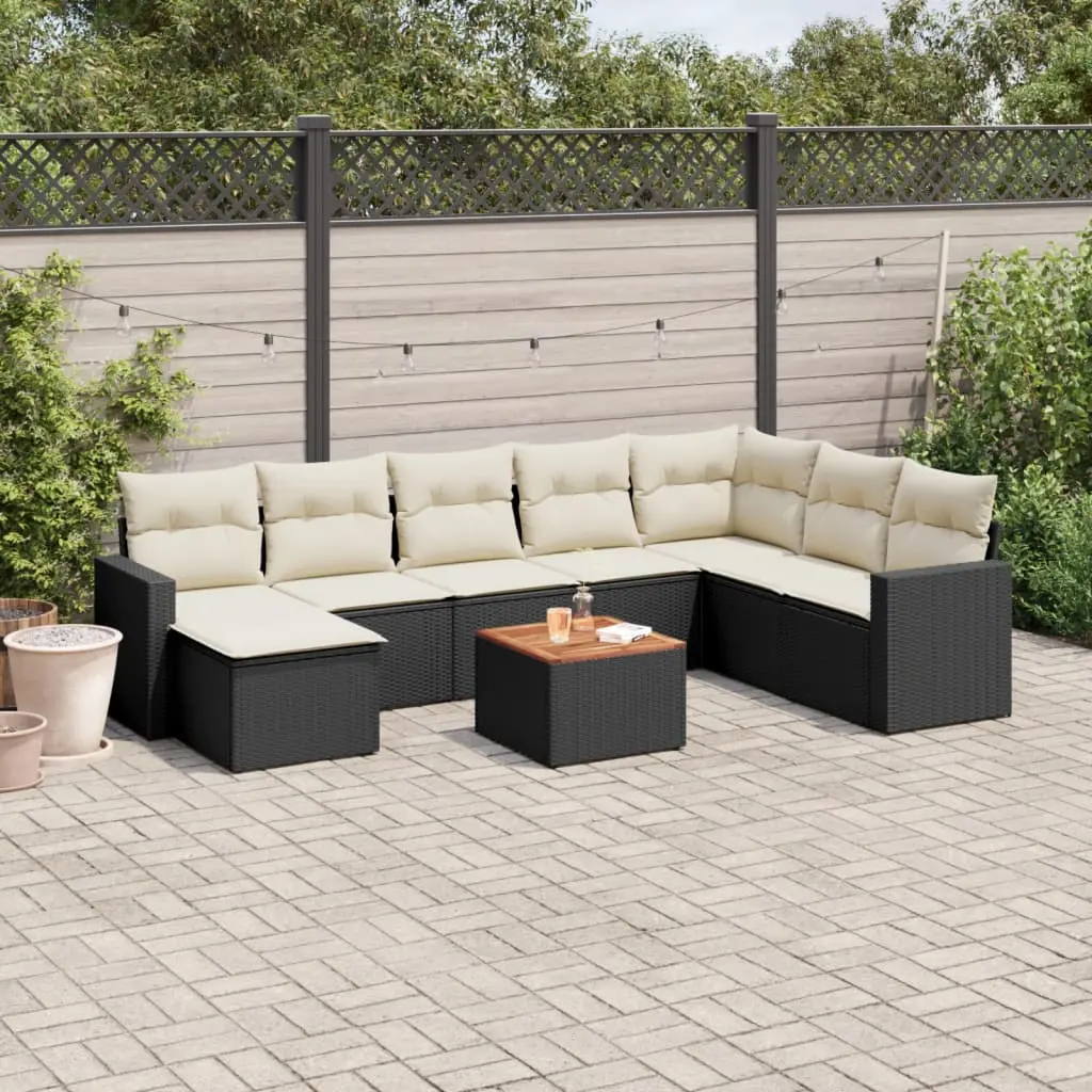 Set Divani da Giardino 9 pz con Cuscini Nero in Polyrattan