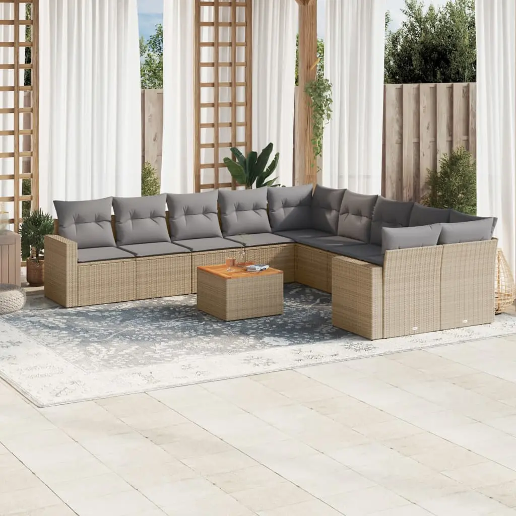 Set Divani da Giardino 11 pz con Cuscini Beige in Polyrattan