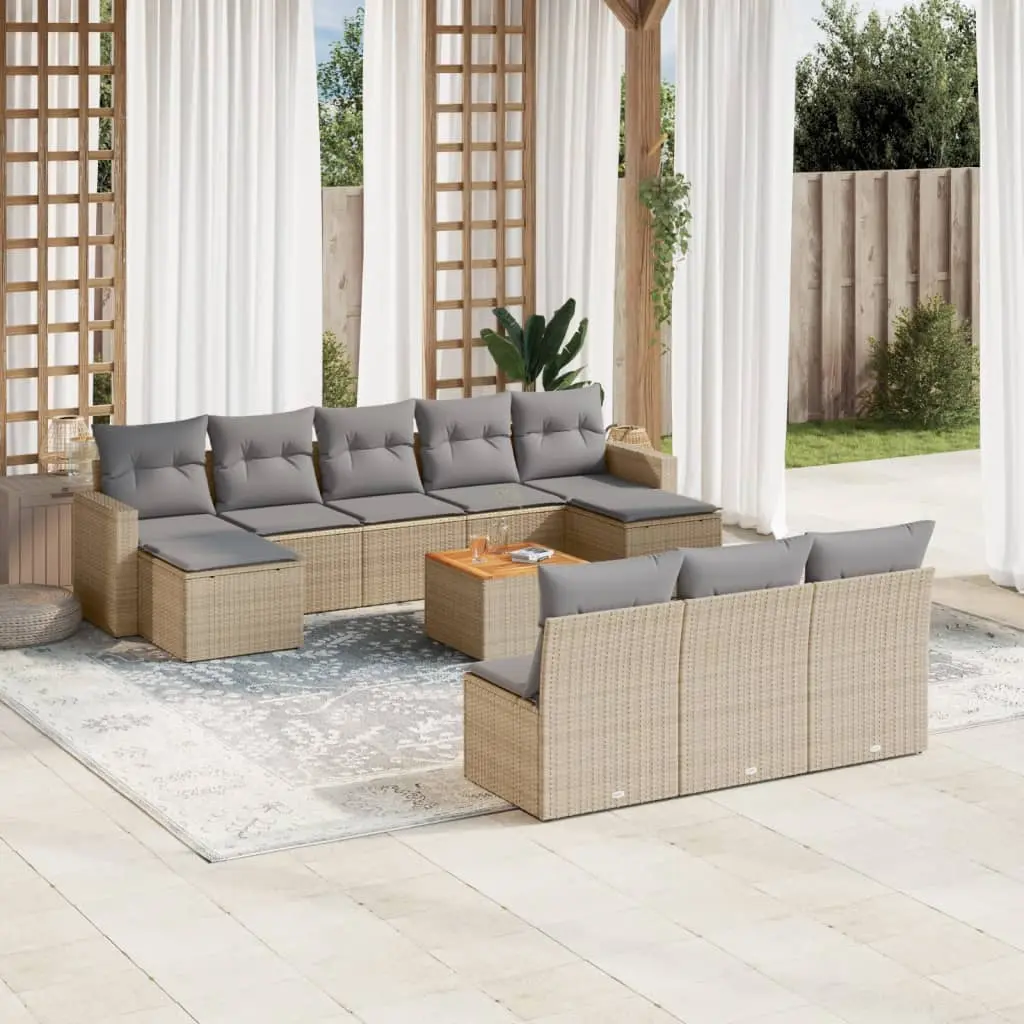 Set Divani da Giardino 11 pz con Cuscini Beige in Polyrattan