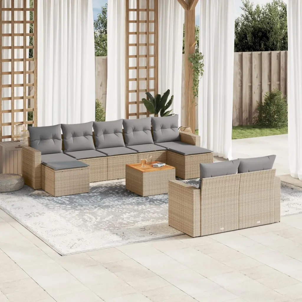 Set Divano da Giardino 10 pz con Cuscini Beige in Polyrattan