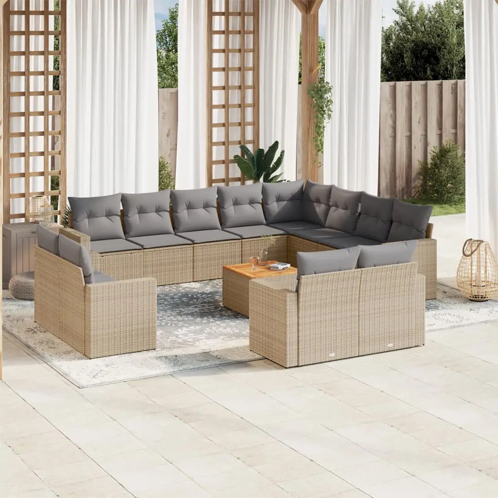 Set Divano da Giardino 13 pz con Cuscini Beige in Polyrattan