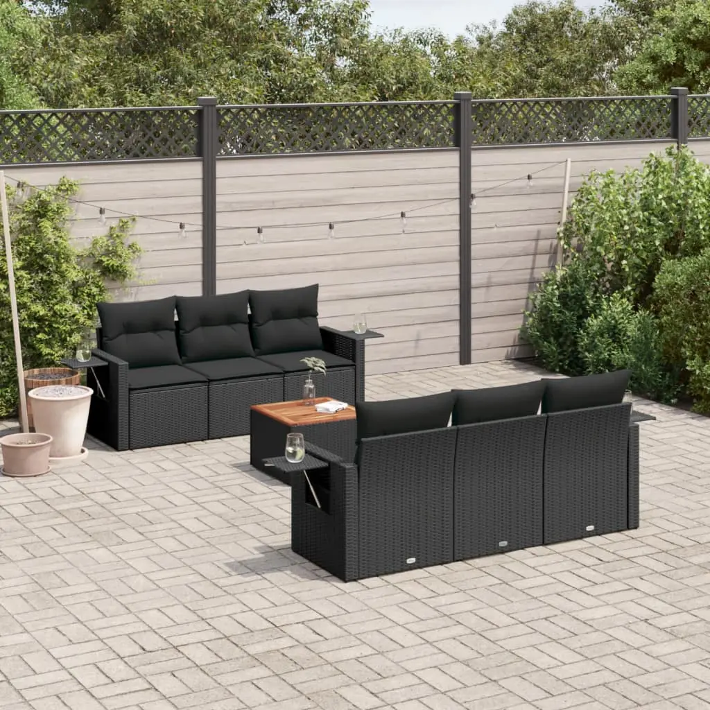 Set Divani da Giardino con Cuscini 7pz Nero Polyrattan