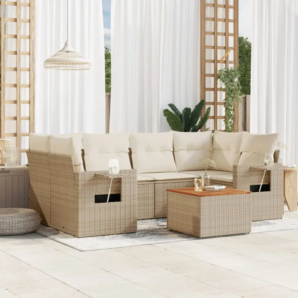 Set Divani da Giardino 7 pz con Cuscini Beige in Polyrattan