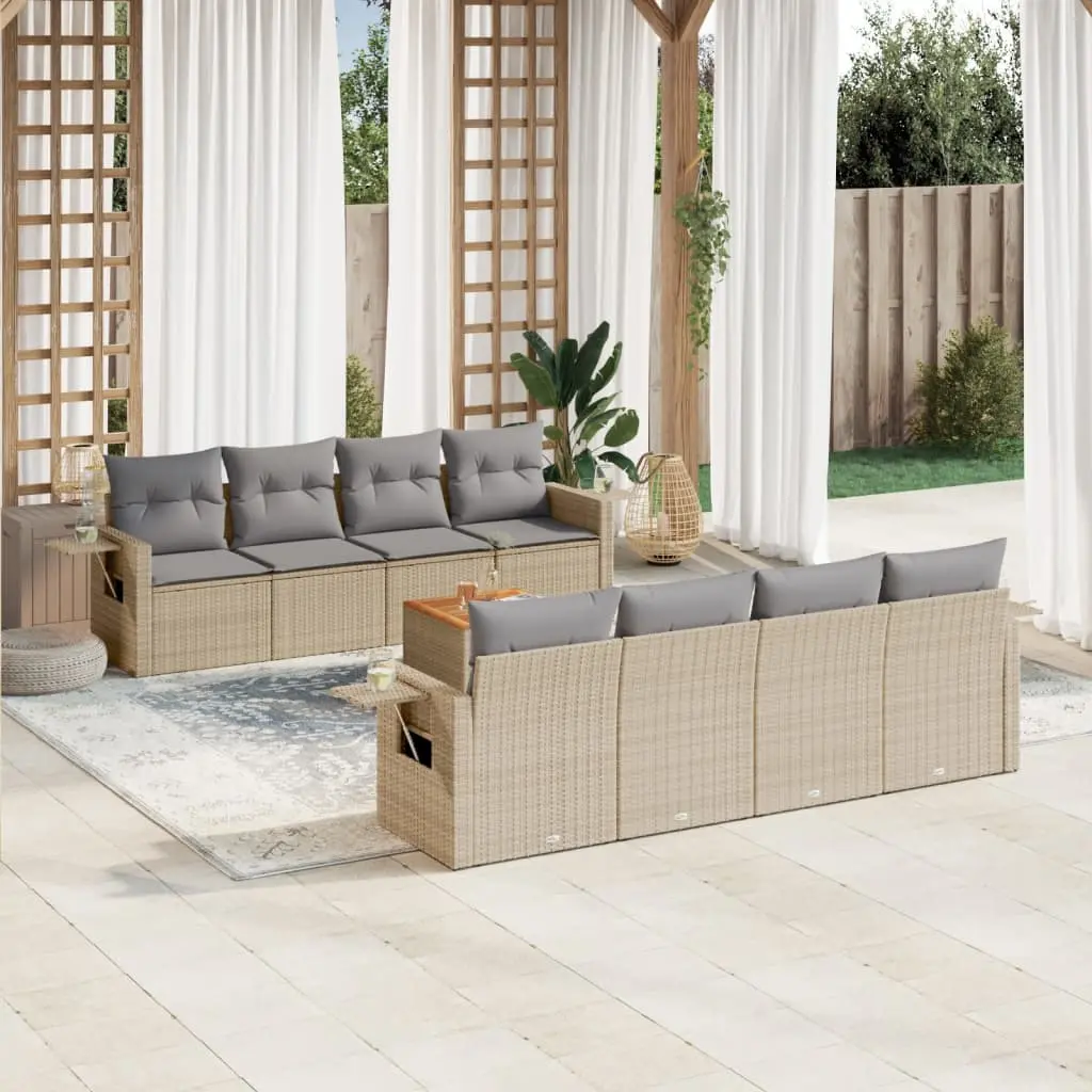 Set Divano da Giardino 9 pz con Cuscini Beige in Polyrattan