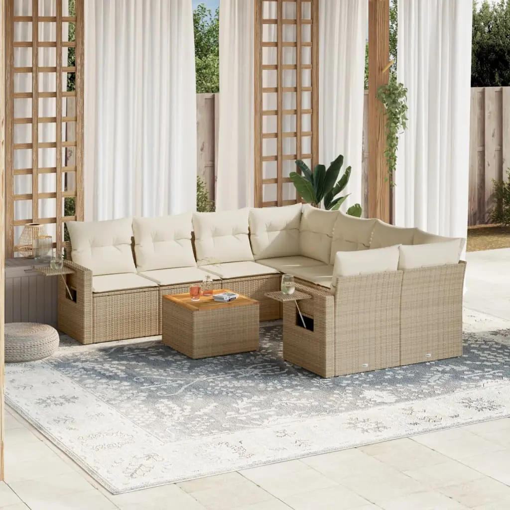 Set Divano da Giardino 9 pz con Cuscini Beige in Polyrattan