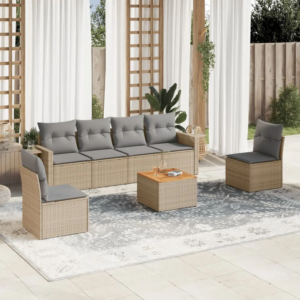 Set Divani da Giardino 7 pz con Cuscini Beige in Polyrattan