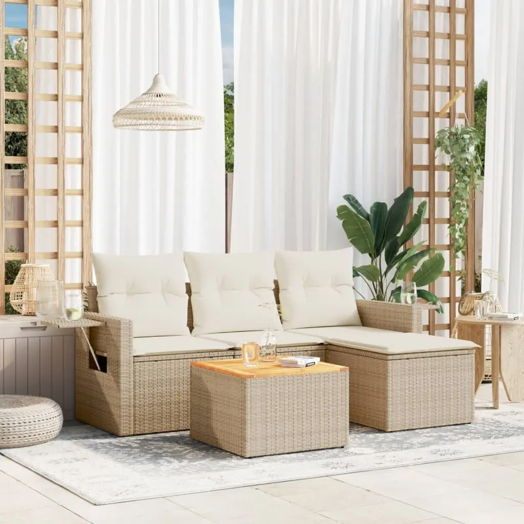 Set Divano da Giardino 5 pz con Cuscini Beige in Polyrattan