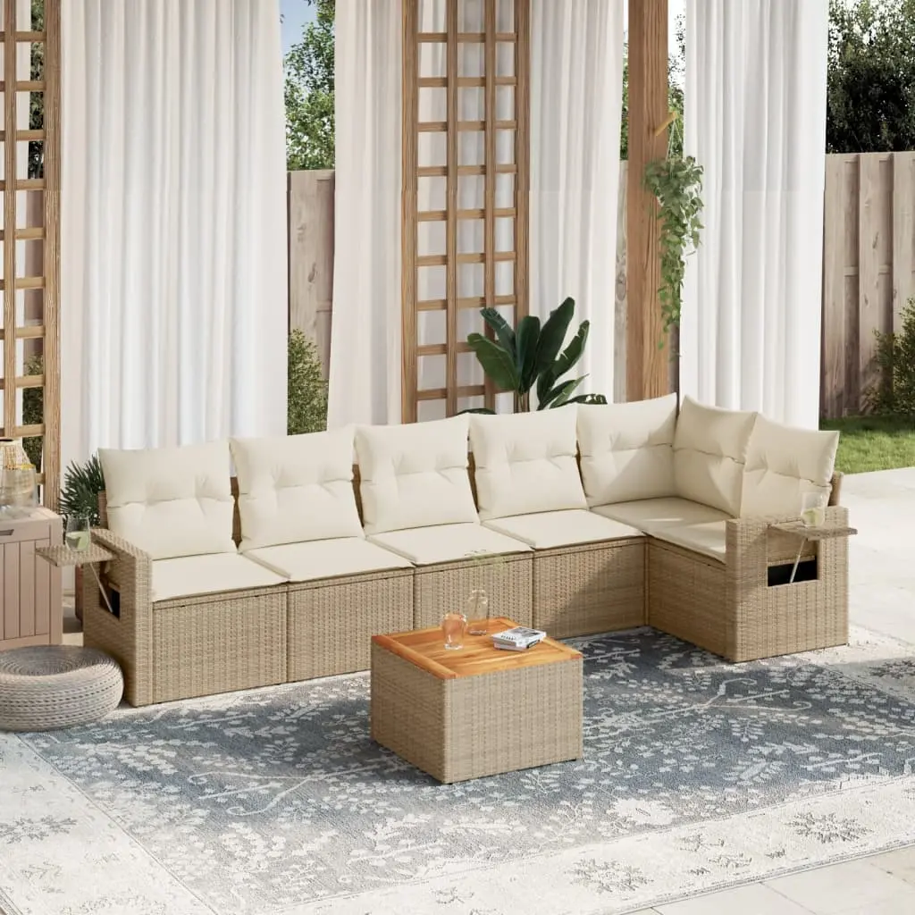 Set Divani da Giardino 7 pz con Cuscini Beige in Polyrattan