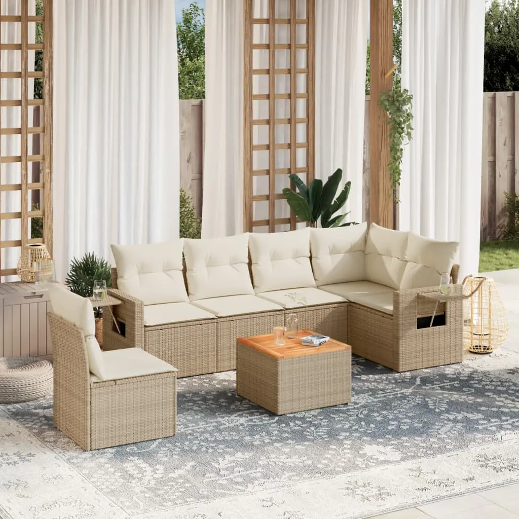 Set Divani da Giardino 7 pz con Cuscini Beige in Polyrattan