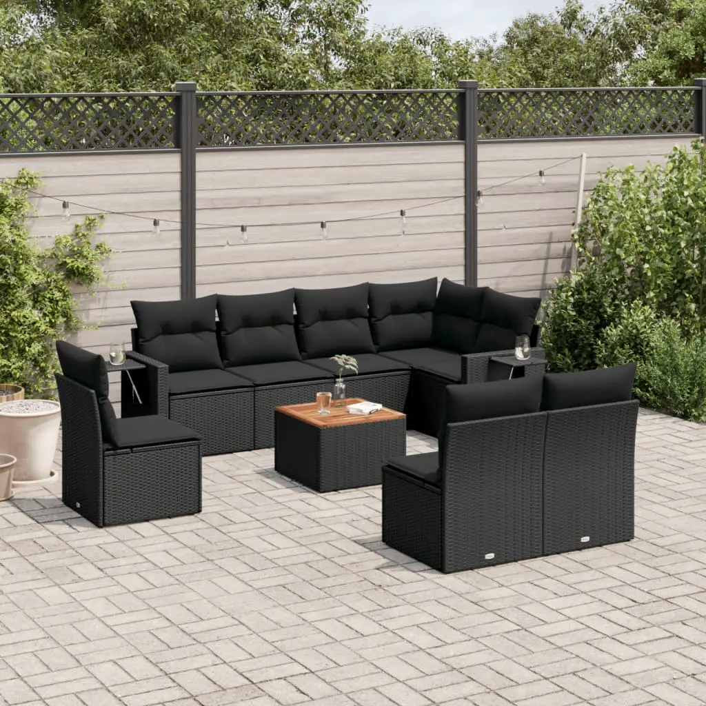 Set Divani da Giardino 9 pz con Cuscini Nero in Polyrattan