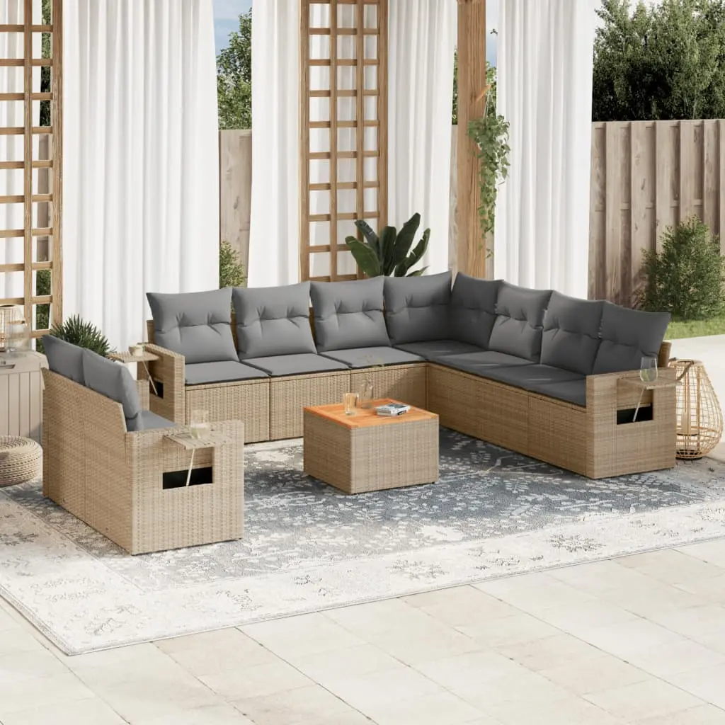 Set Divano da Giardino 10 pz con Cuscini Beige in Polyrattan