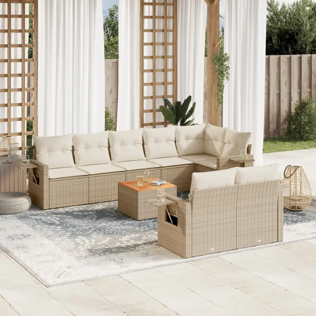 Set Divano da Giardino 9 pz con Cuscini Beige in Polyrattan