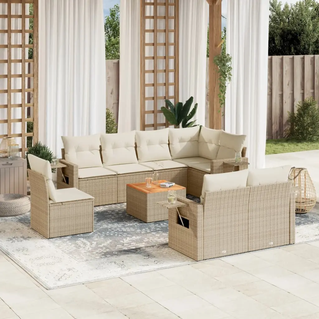 Set Divano da Giardino 9 pz con Cuscini Beige in Polyrattan