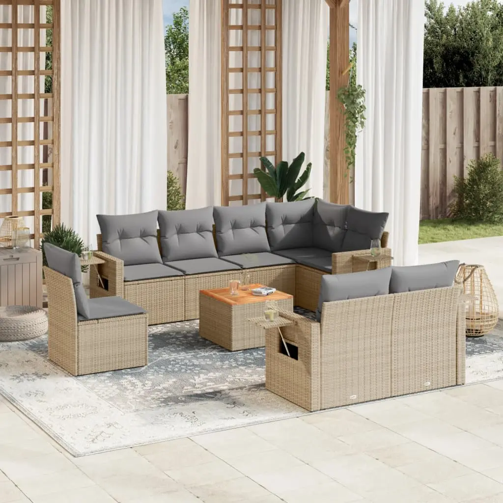 Set Divano da Giardino 9 pz con Cuscini Beige in Polyrattan