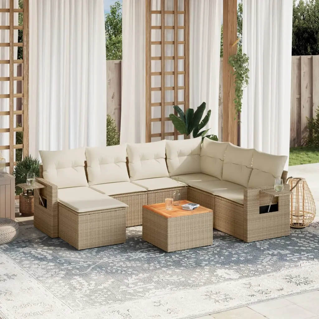 Set Divano da Giardino 8 pz con Cuscini Beige in Polyrattan