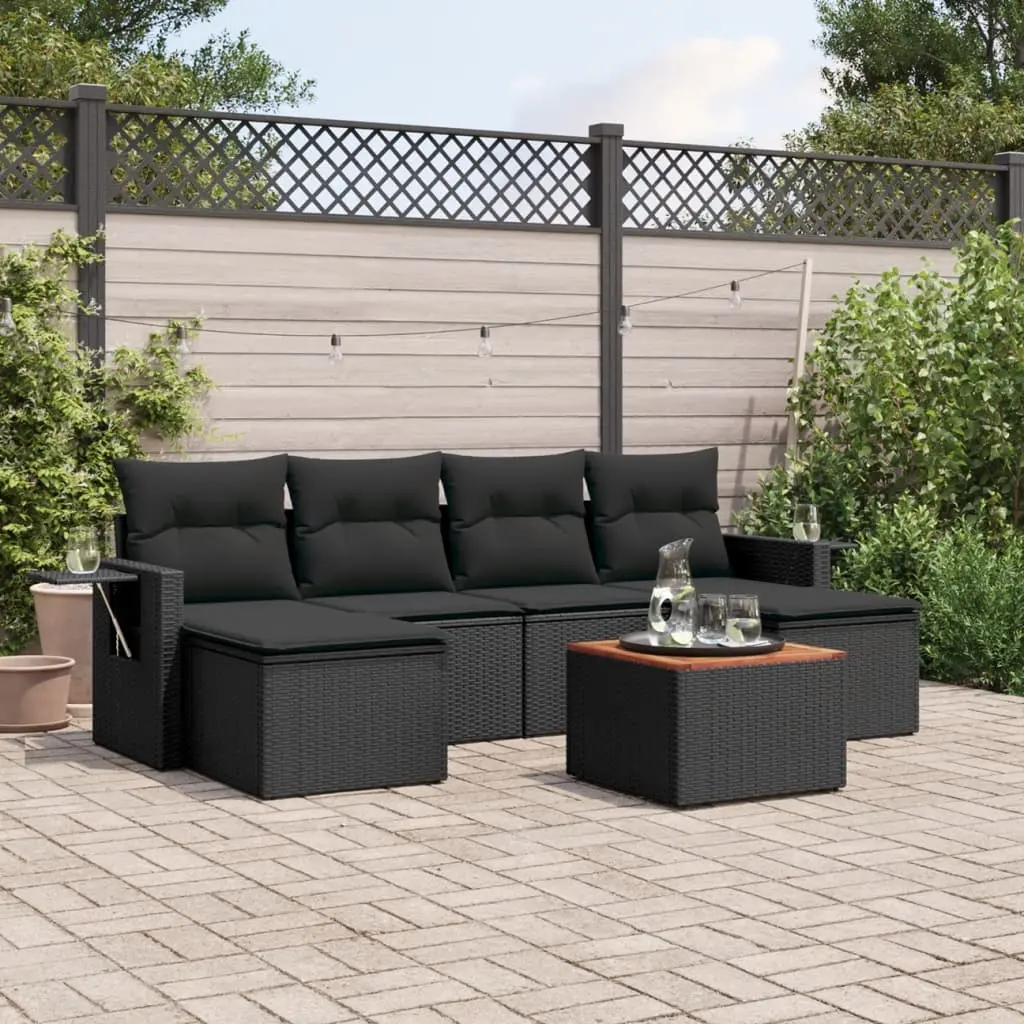 Set Divani da Giardino con Cuscini 7pz Nero Polyrattan