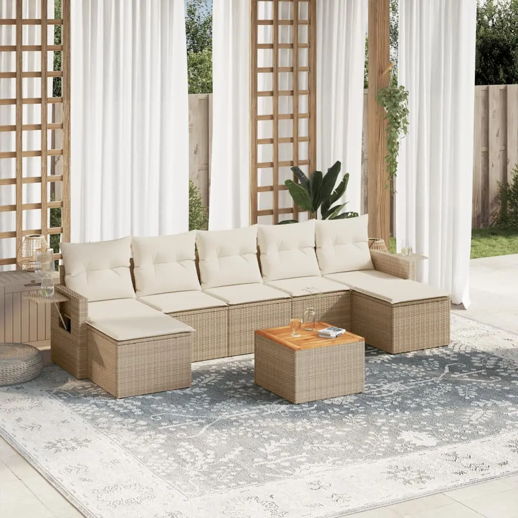 Set Divano da Giardino 8 pz con Cuscini Beige in Polyrattan