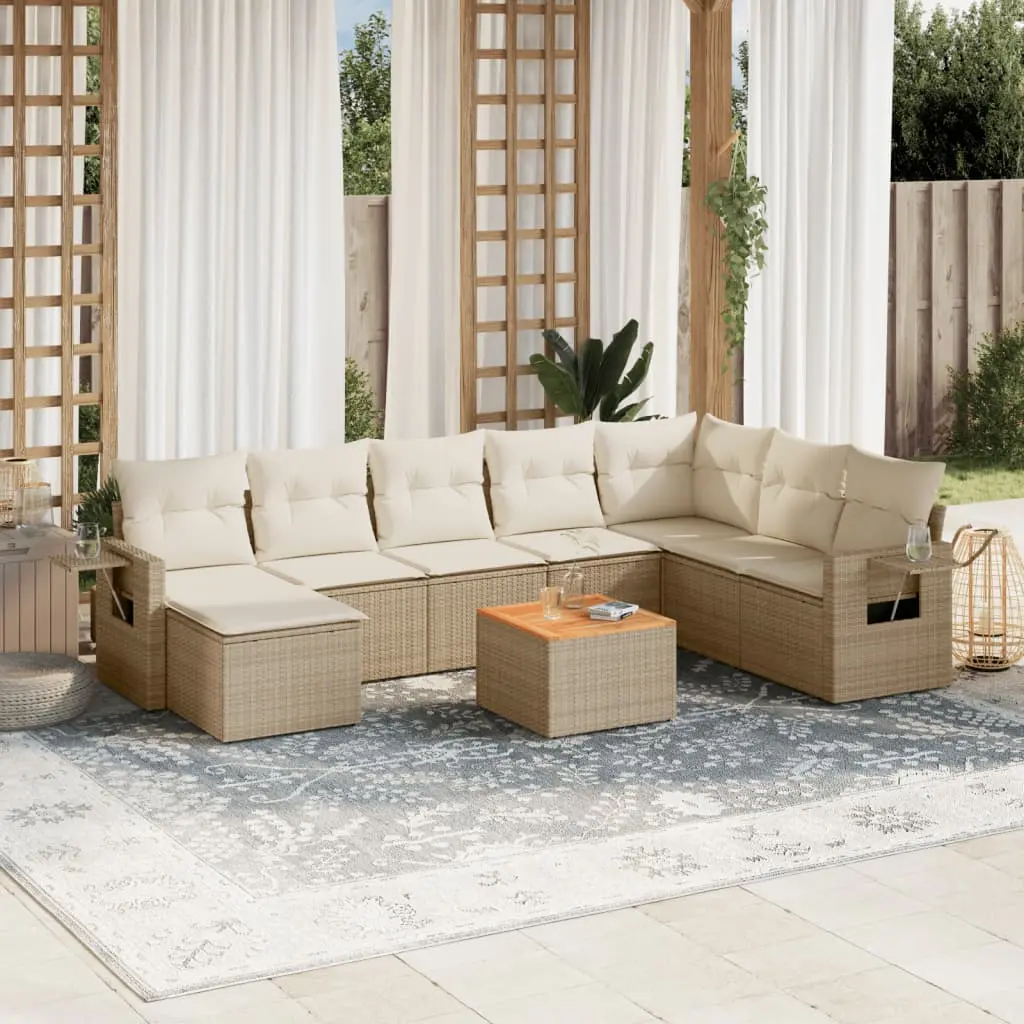 Set Divano da Giardino 9 pz con Cuscini Beige in Polyrattan