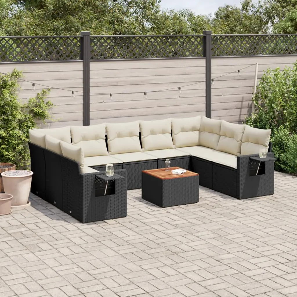 Set Divani da Giardino 10pz con Cuscini in Polyrattan Nero