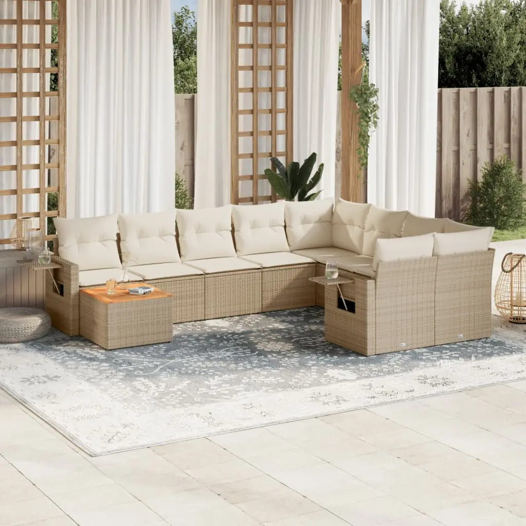 Set Divano da Giardino 10 pz con Cuscini Beige in Polyrattan