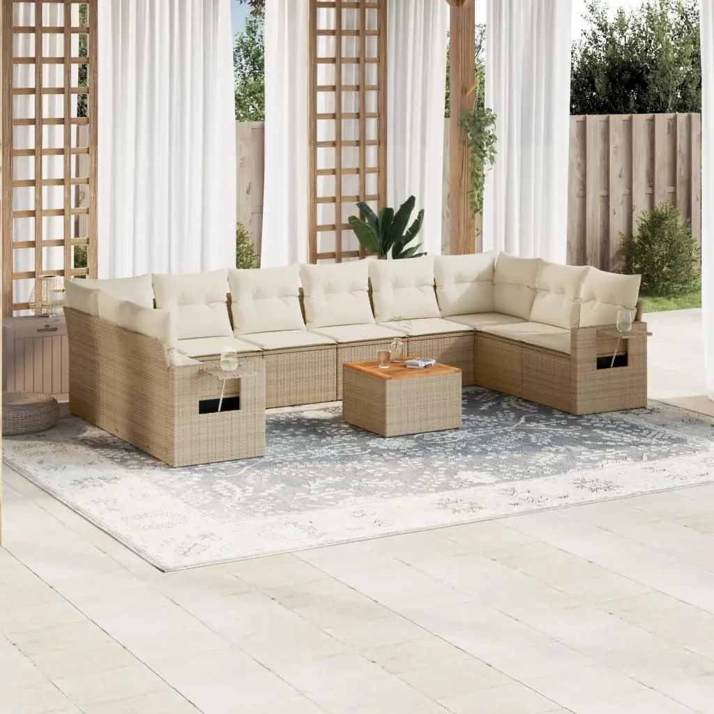 Set Divani da Giardino 11 pz con Cuscini Beige in Polyrattan