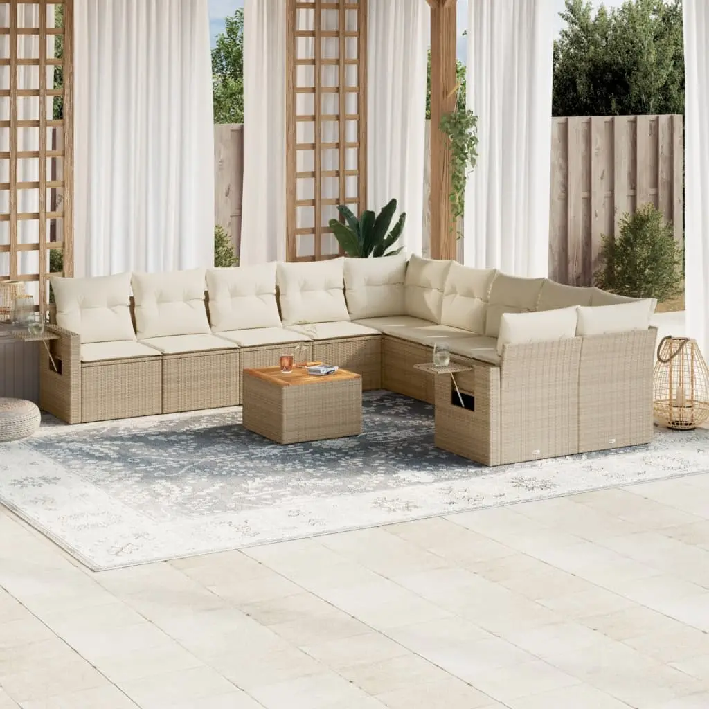 Set Divani da Giardino 11 pz con Cuscini Beige in Polyrattan